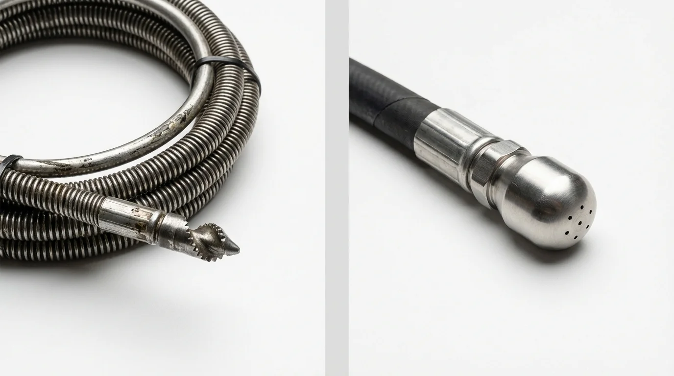 Drain snake cable and hydro jetting nozzle used for drain cleaning in Camden, NJ