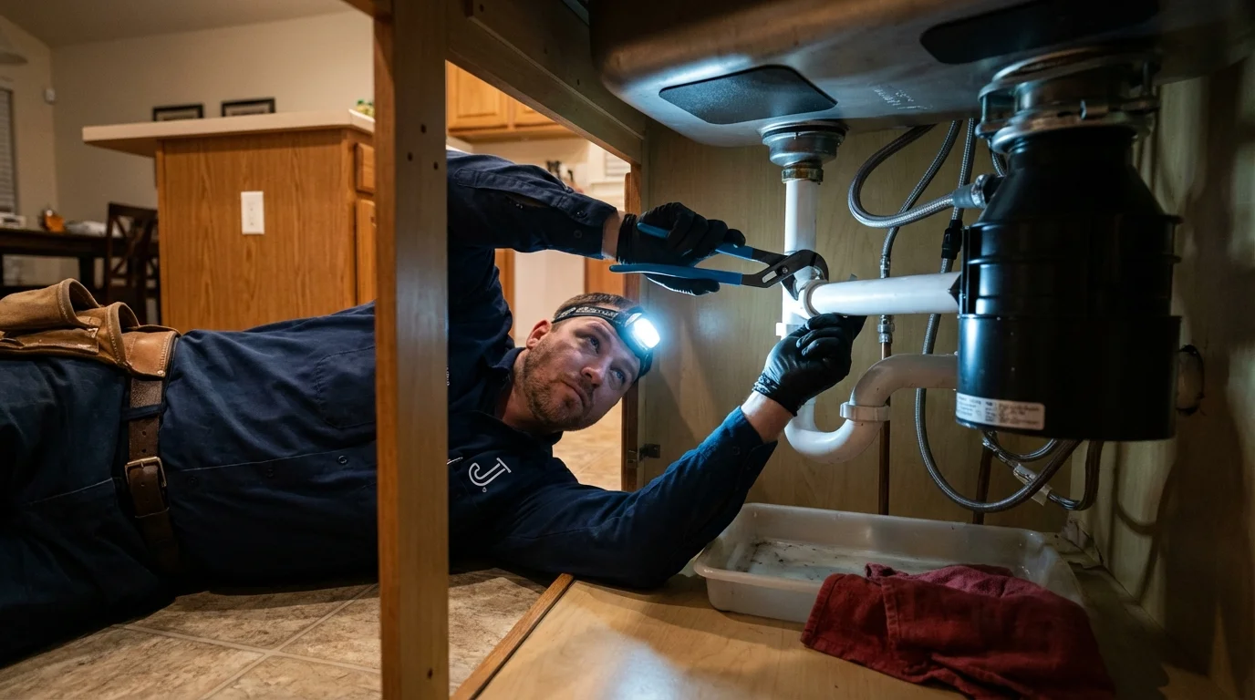 P-trap and supply line connections under a kitchen sink showing a common leak point in Camden, NJ